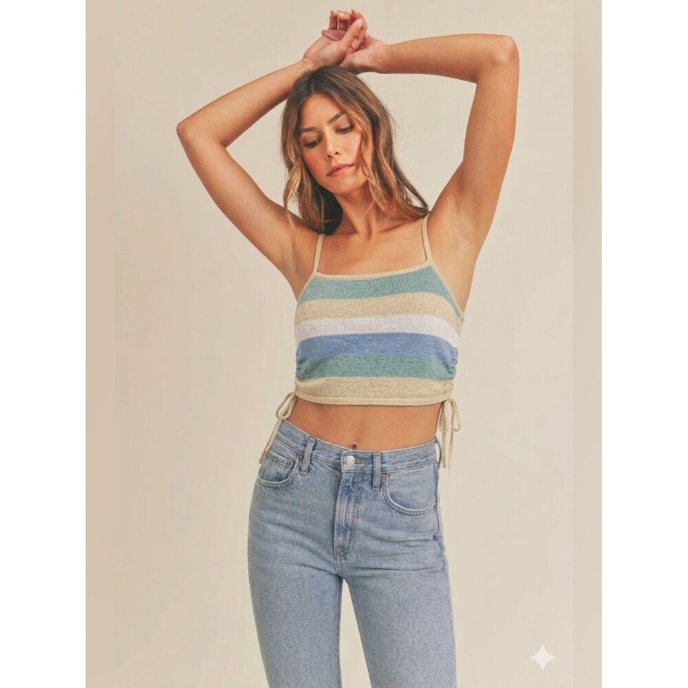 MABLE Mint Stripes Knotted Cropped Tank Top Cream Trim Sz S Beach Festival Chic
